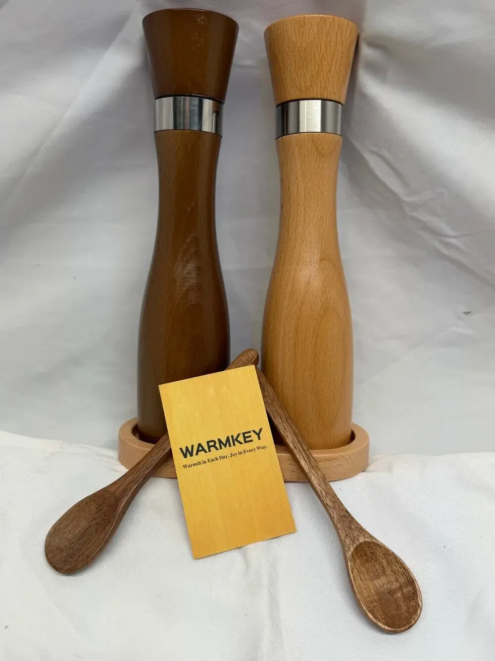 [NIB] Warmkey Wooden Salt and Pepper Grinder Set with Wooden Tray & Spoons